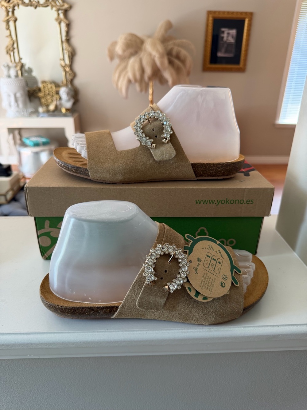 NWT Yokono Genuine Suede Sandals with Crystal Embellished Buckle